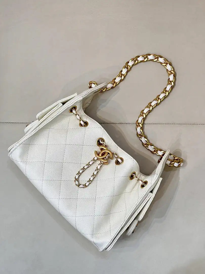 Chanel AS5631 Mini Hobo Calfskin & Gold-Tone Metal White