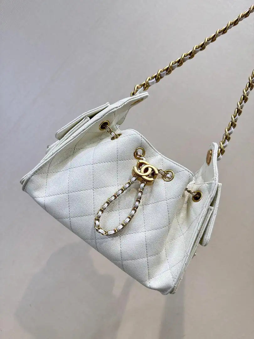 Chanel AS5631 Mini Hobo Calfskin & Gold-Tone Metal White
