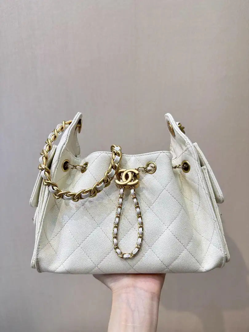Chanel AS5631 Mini Hobo Calfskin & Gold-Tone Metal White