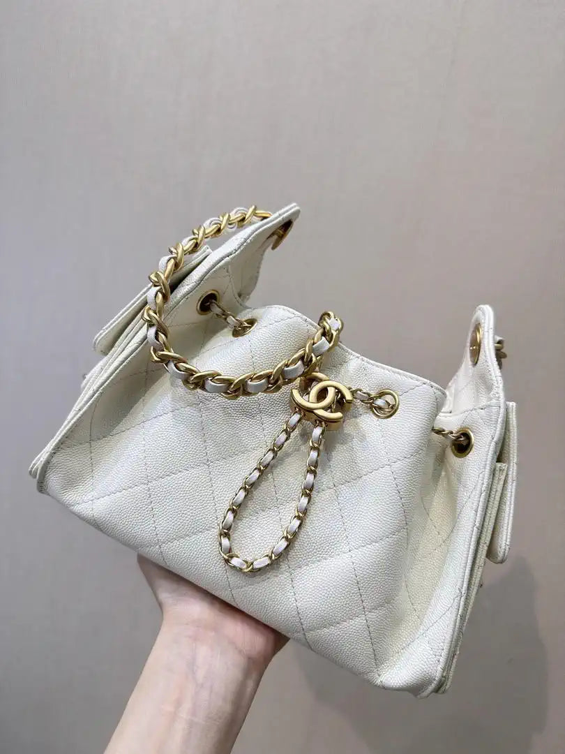 Chanel AS5631 Mini Hobo Calfskin & Gold-Tone Metal White