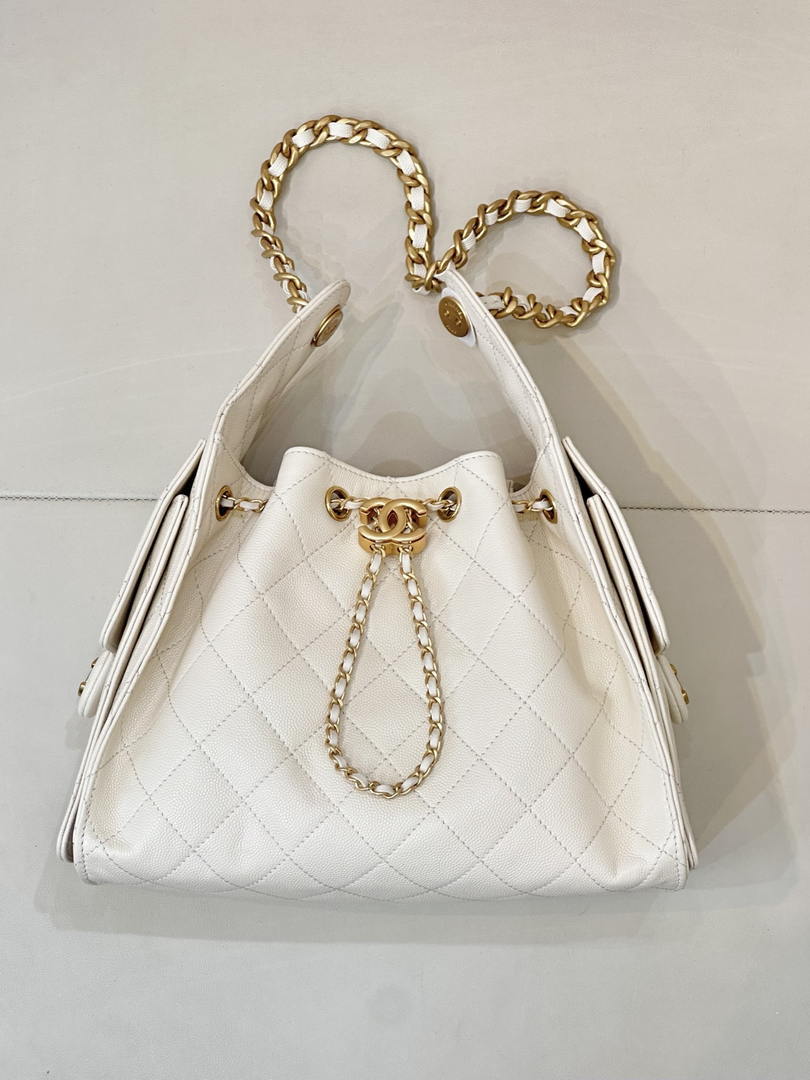 Chanel AS5631 Mini Hobo Calfskin & Gold-Tone Metal Beige White - Default Title - View 1