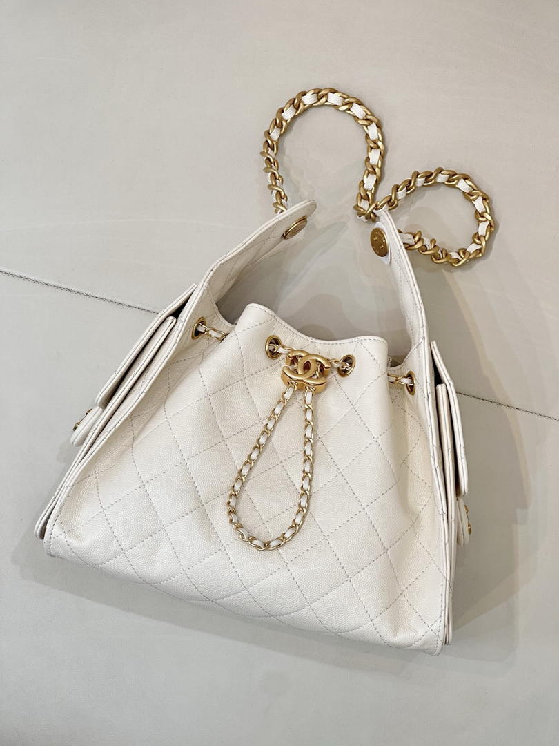 Chanel AS5631 Mini Hobo Calfskin & Gold-Tone Metal Beige White
