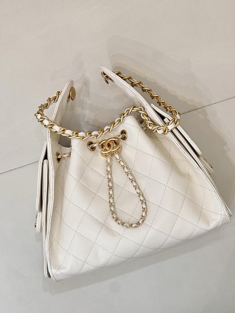 Chanel AS5631 Mini Hobo Calfskin & Gold-Tone Metal Beige White
