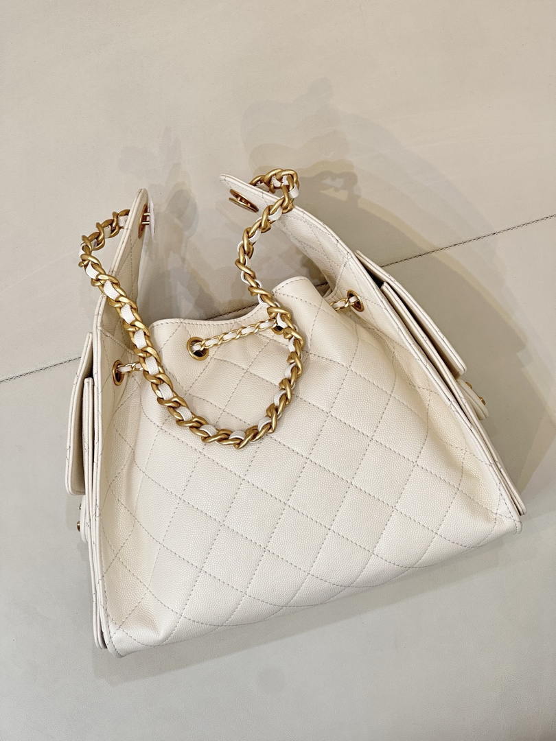 Chanel AS5631 Mini Hobo Calfskin & Gold-Tone Metal Beige White