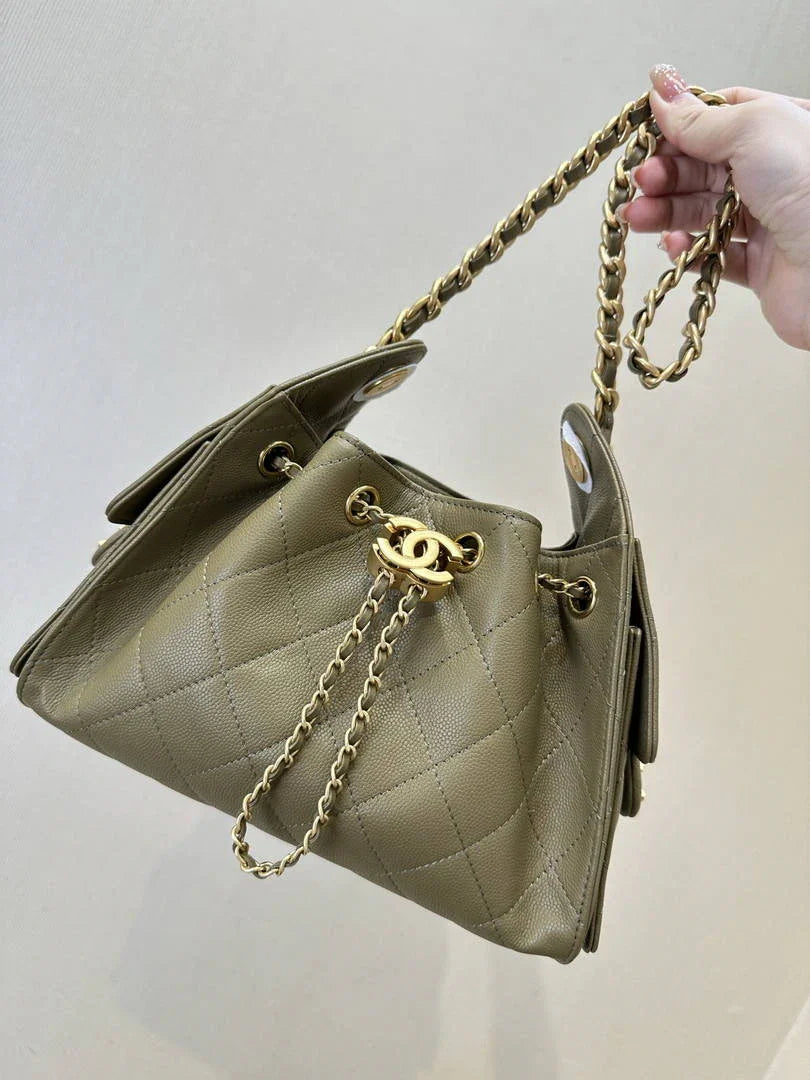 Chanel AS5631 Mini Hobo Calfskin & Gold-Tone Metal Olive Green - Default Title - View 1