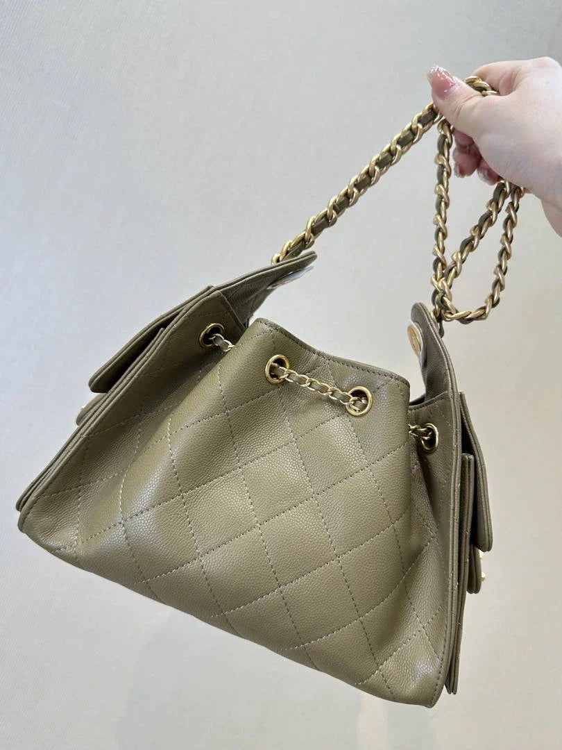 Chanel AS5631 Mini Hobo Calfskin & Gold-Tone Metal Olive Green - Default Title - View 8
