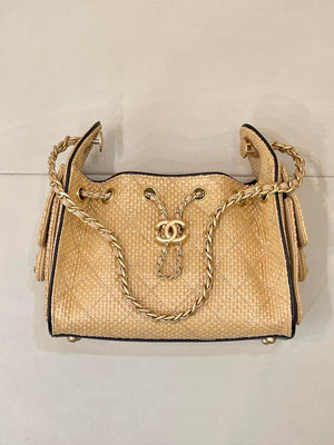 Chanel AS5631 Mini Hobo Handbags Braided Raffia Calfskin & Gold-Tone Beige & Black - Default Title - View 2