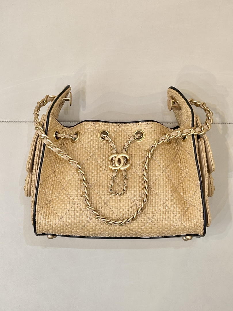 Chanel AS5631 Mini Hobo Handbags Braided Raffia Calfskin & Gold-Tone Beige & Black - Default Title - View 2