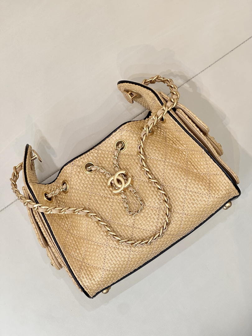 Chanel AS5631 Mini Hobo Handbags Braided Raffia Calfskin & Gold-Tone Beige & Black
