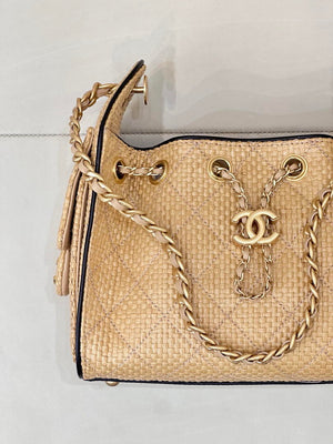 Chanel AS5631 Mini Hobo Handbags Braided Raffia Calfskin & Gold-Tone Beige & Black - Default Title - View 4