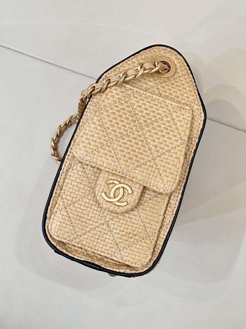 Chanel AS5631 Mini Hobo Handbags Braided Raffia Calfskin & Gold-Tone Beige & Black
