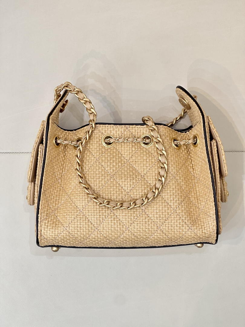 Chanel AS5631 Mini Hobo Handbags Braided Raffia Calfskin & Gold-Tone Beige & Black - Default Title - View 7