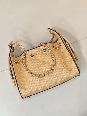 Chanel AS5631 Mini Hobo Handbags Braided Raffia Calfskin & Gold-Tone Beige & Black - Default Title - View 8