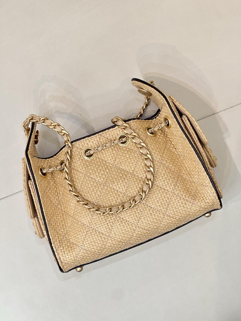 Chanel AS5631 Mini Hobo Handbags Braided Raffia Calfskin & Gold-Tone Beige & Black