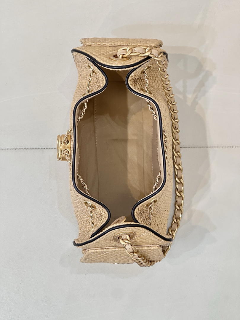 Chanel AS5631 Mini Hobo Handbags Braided Raffia Calfskin & Gold-Tone Beige & Black