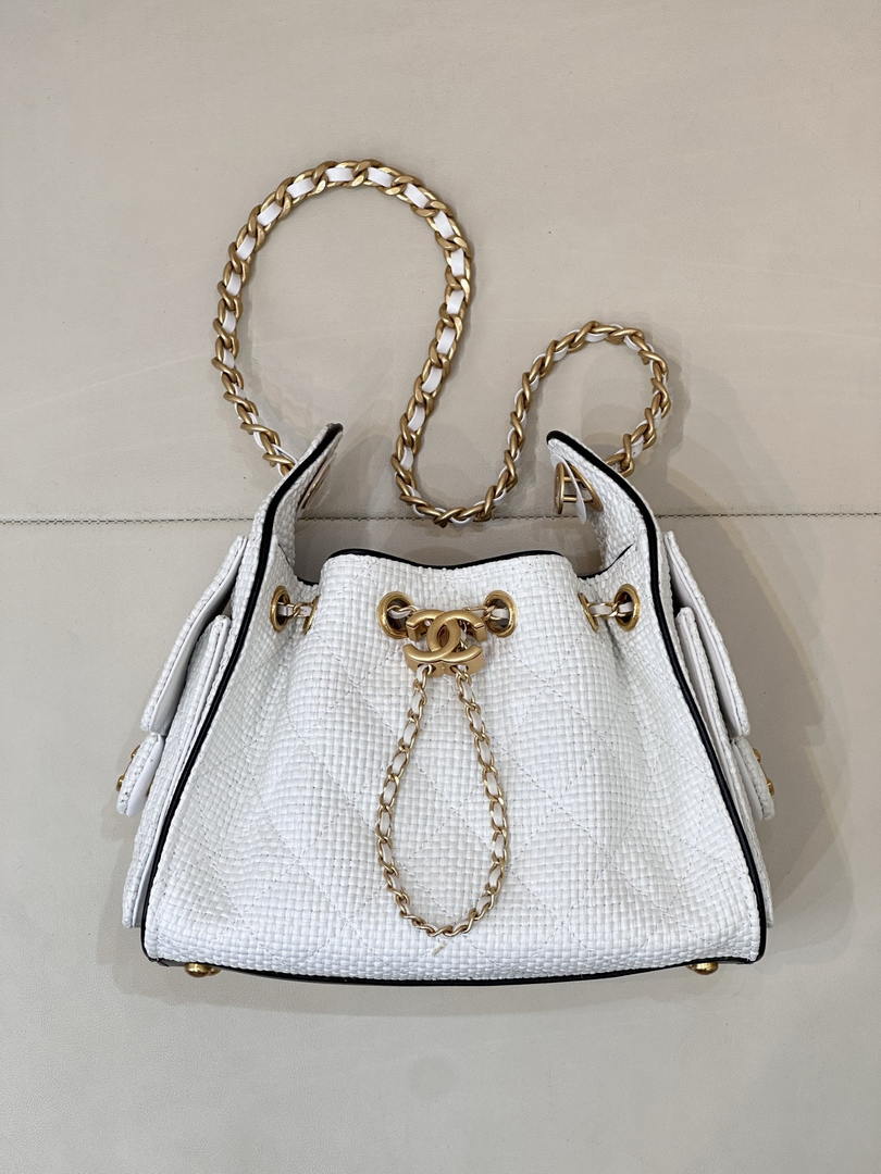 Chanel AS5631 Mini Hobo Handbags Braided Raffia Calfskin & Gold-Tone White