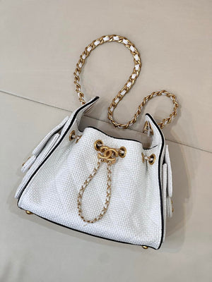 Chanel AS5631 Mini Hobo Handbags Braided Raffia Calfskin & Gold-Tone White - Default Title - View 2
