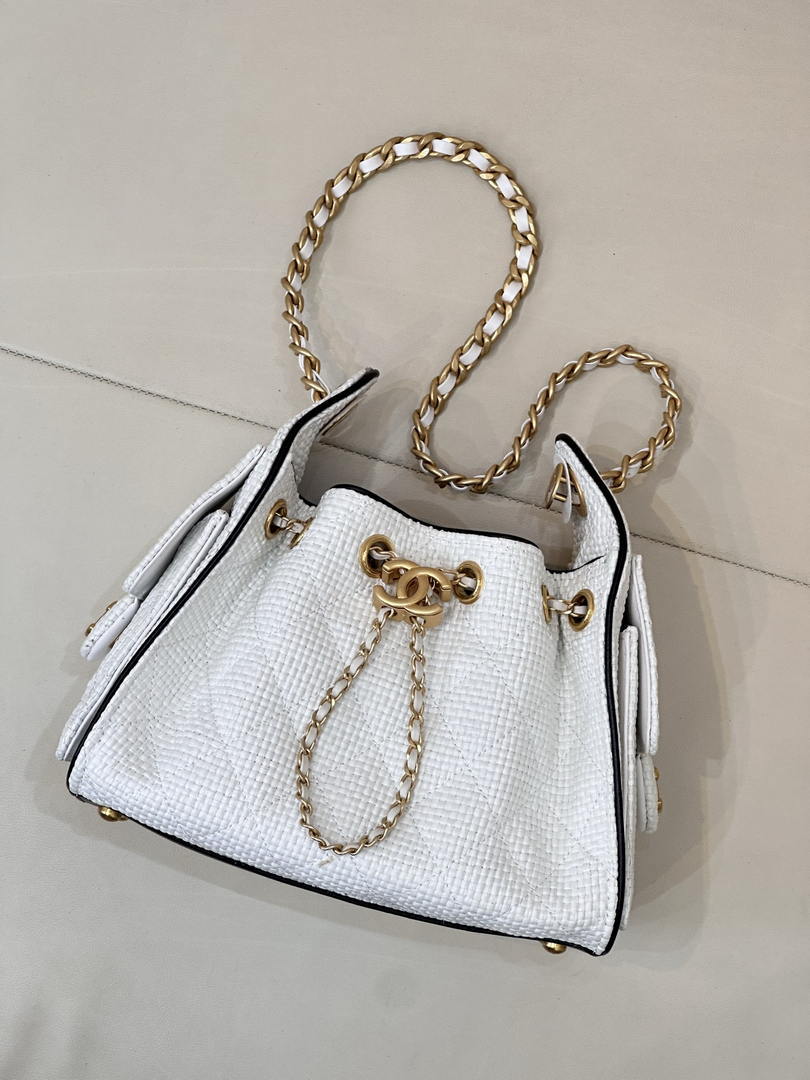 Chanel AS5631 Mini Hobo Handbags Braided Raffia Calfskin & Gold-Tone White - Default Title - View 2