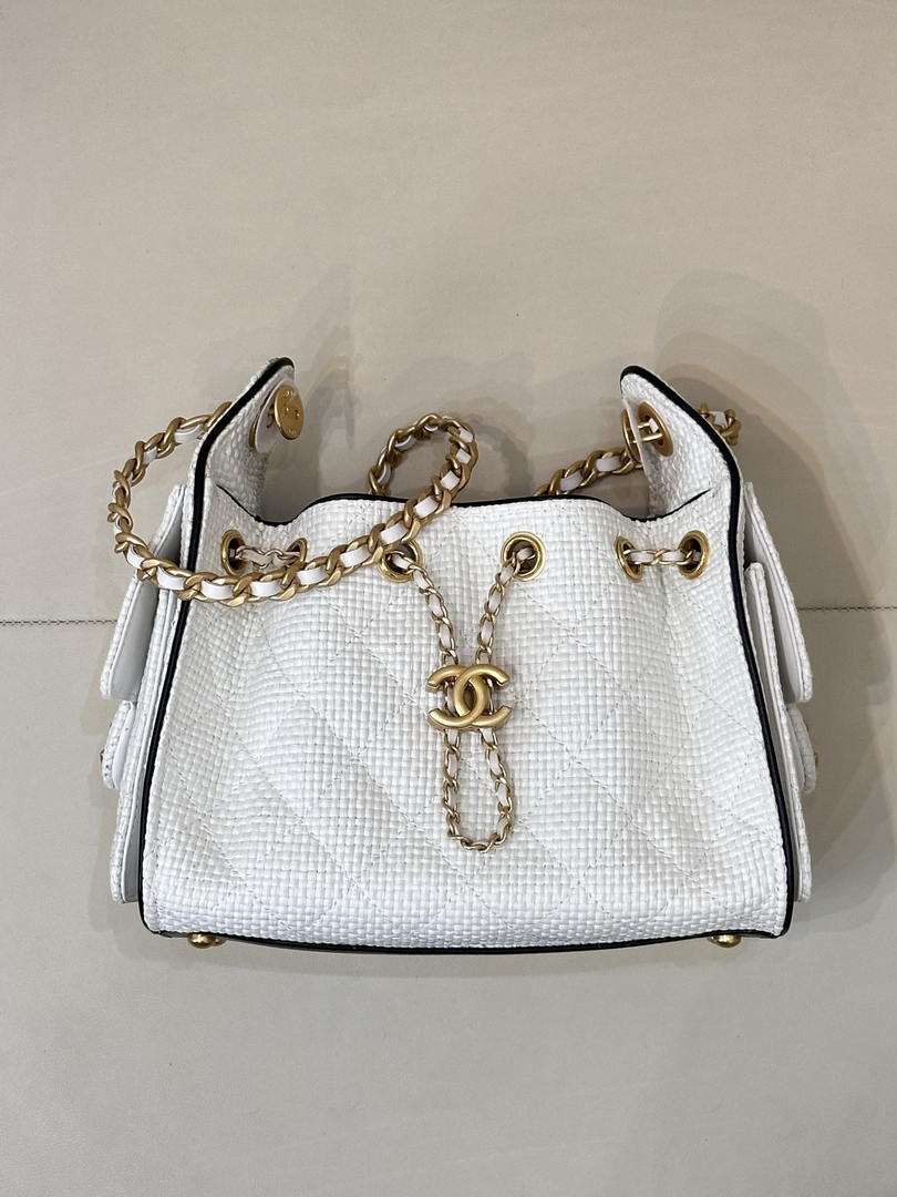 Chanel AS5631 Mini Hobo Handbags Braided Raffia Calfskin & Gold-Tone White