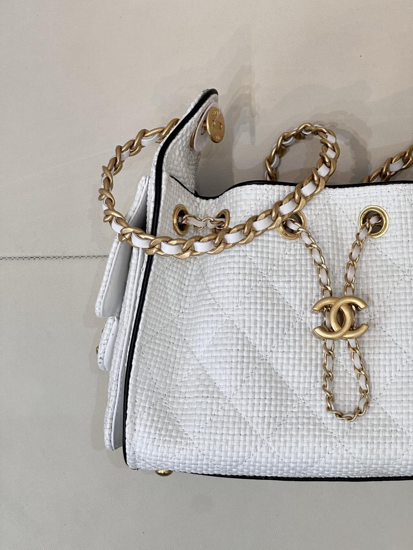 Chanel AS5631 Mini Hobo Handbags Braided Raffia Calfskin & Gold-Tone White