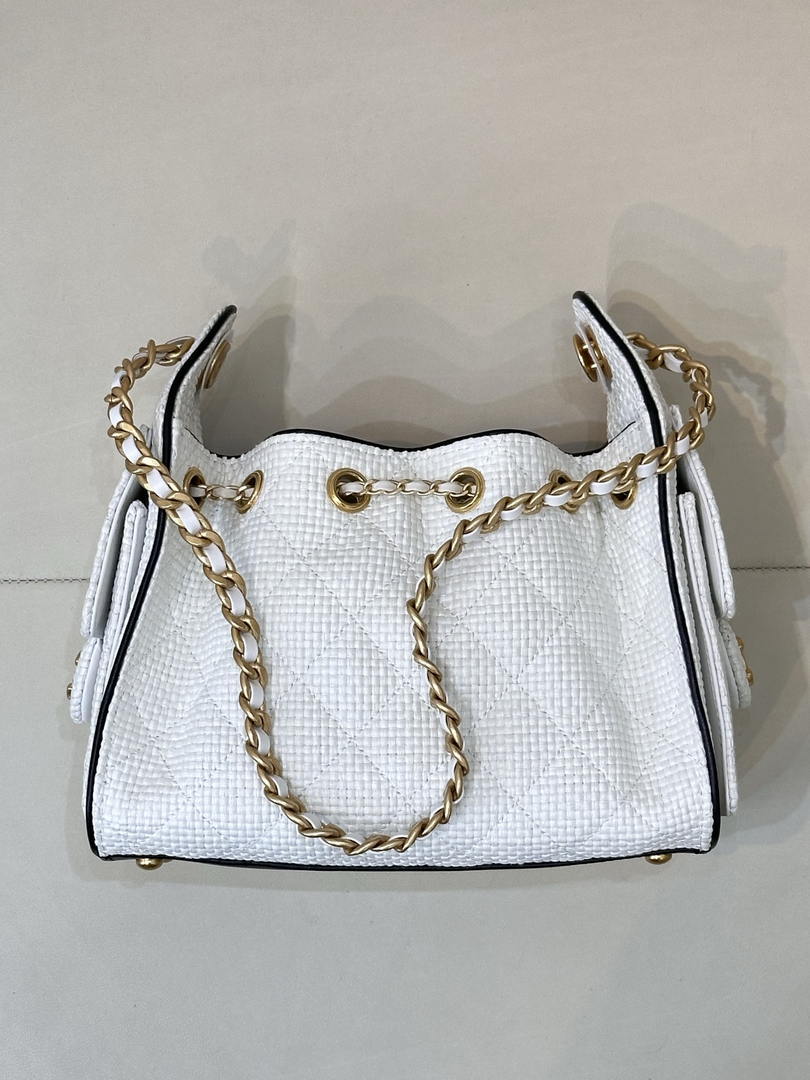 Chanel AS5631 Mini Hobo Handbags Braided Raffia Calfskin & Gold-Tone White - Default Title - View 6