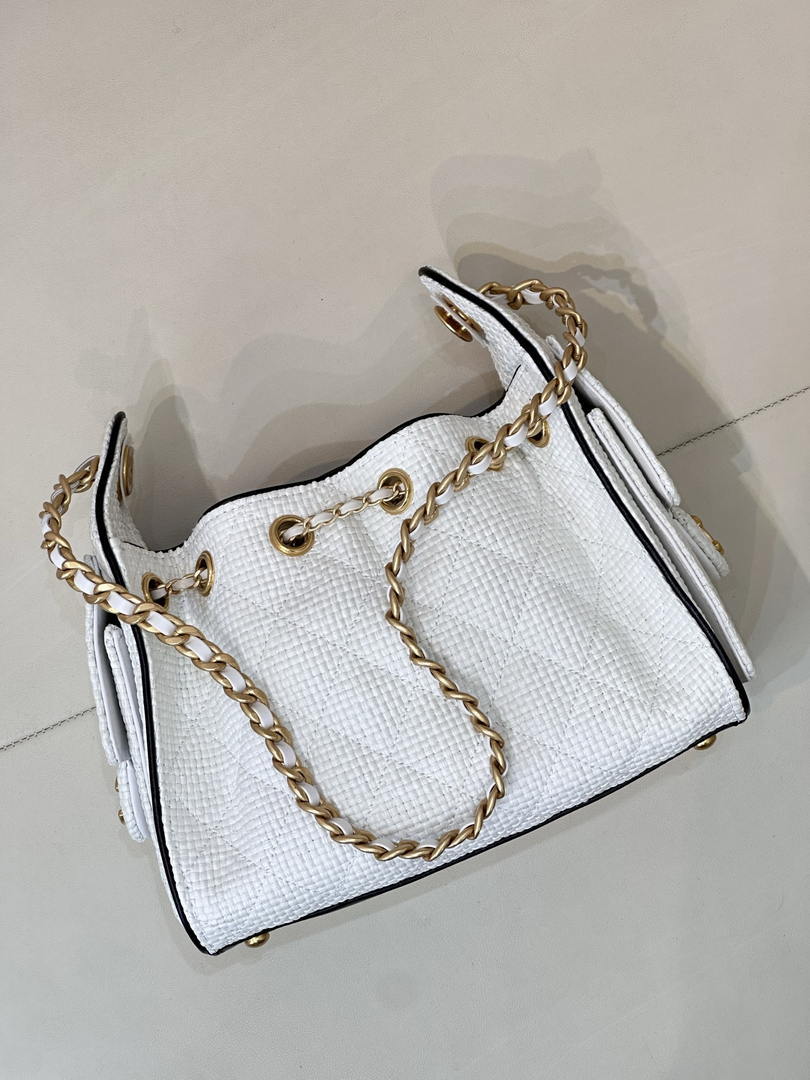 Chanel AS5631 Mini Hobo Handbags Braided Raffia Calfskin & Gold-Tone White