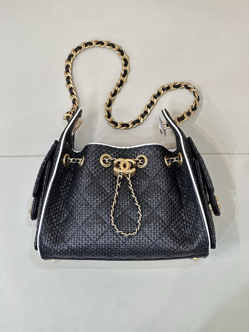 Chanel AS5631 Mini Hobo Handbags Braided Raffia Calfskin & Gold-Tone Black - Default Title - View 1