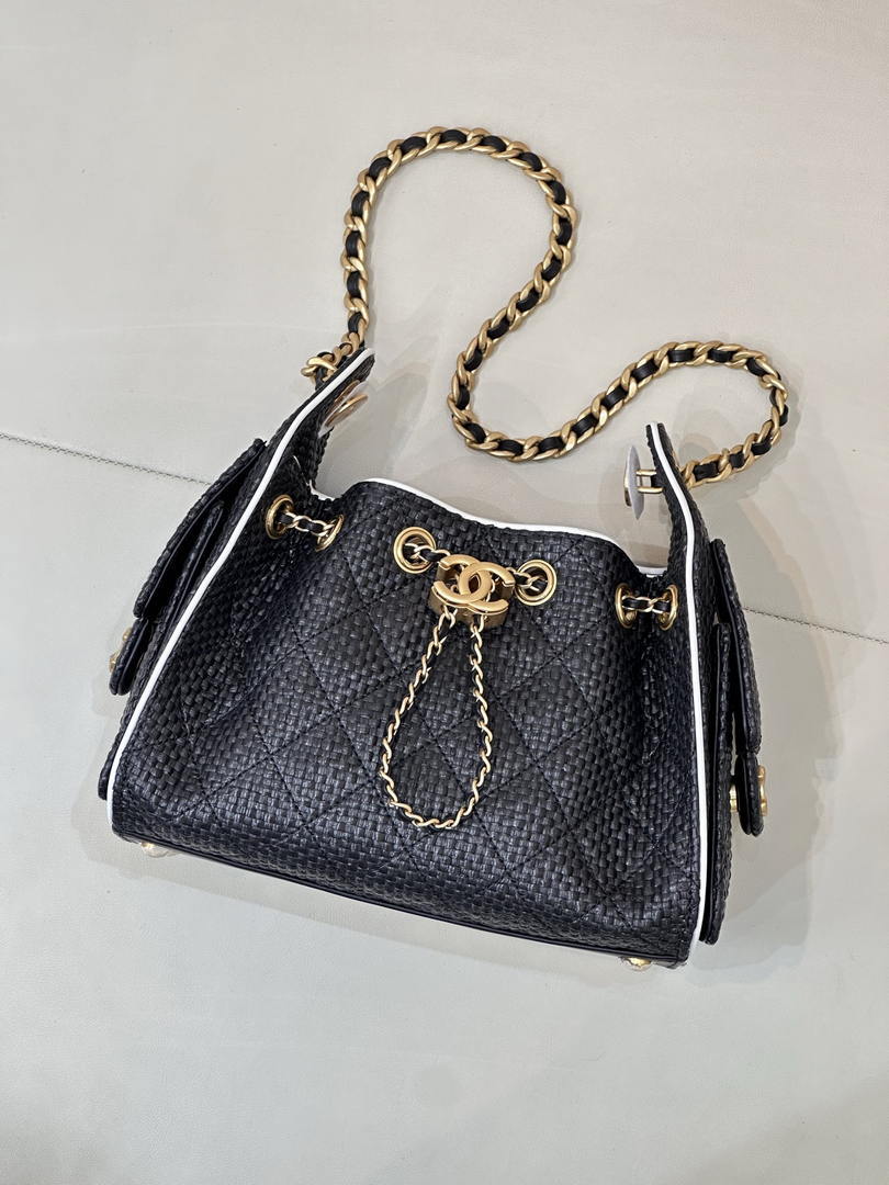 Chanel AS5631 Mini Hobo Handbags Braided Raffia Calfskin & Gold-Tone Black