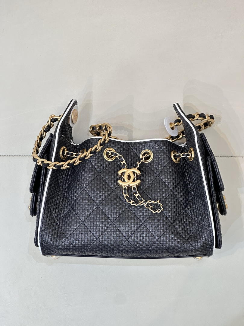 Chanel AS5631 Mini Hobo Handbags Braided Raffia Calfskin & Gold-Tone Black