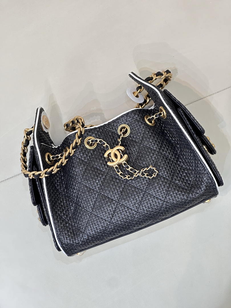 Chanel AS5631 Mini Hobo Handbags Braided Raffia Calfskin & Gold-Tone Black