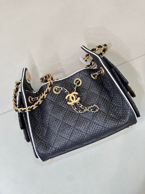 Chanel AS5631 Mini Hobo Handbags Braided Raffia Calfskin & Gold-Tone Black - Default Title - View 4