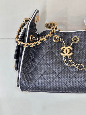 Chanel AS5631 Mini Hobo Handbags Braided Raffia Calfskin & Gold-Tone Black - Default Title - View 5
