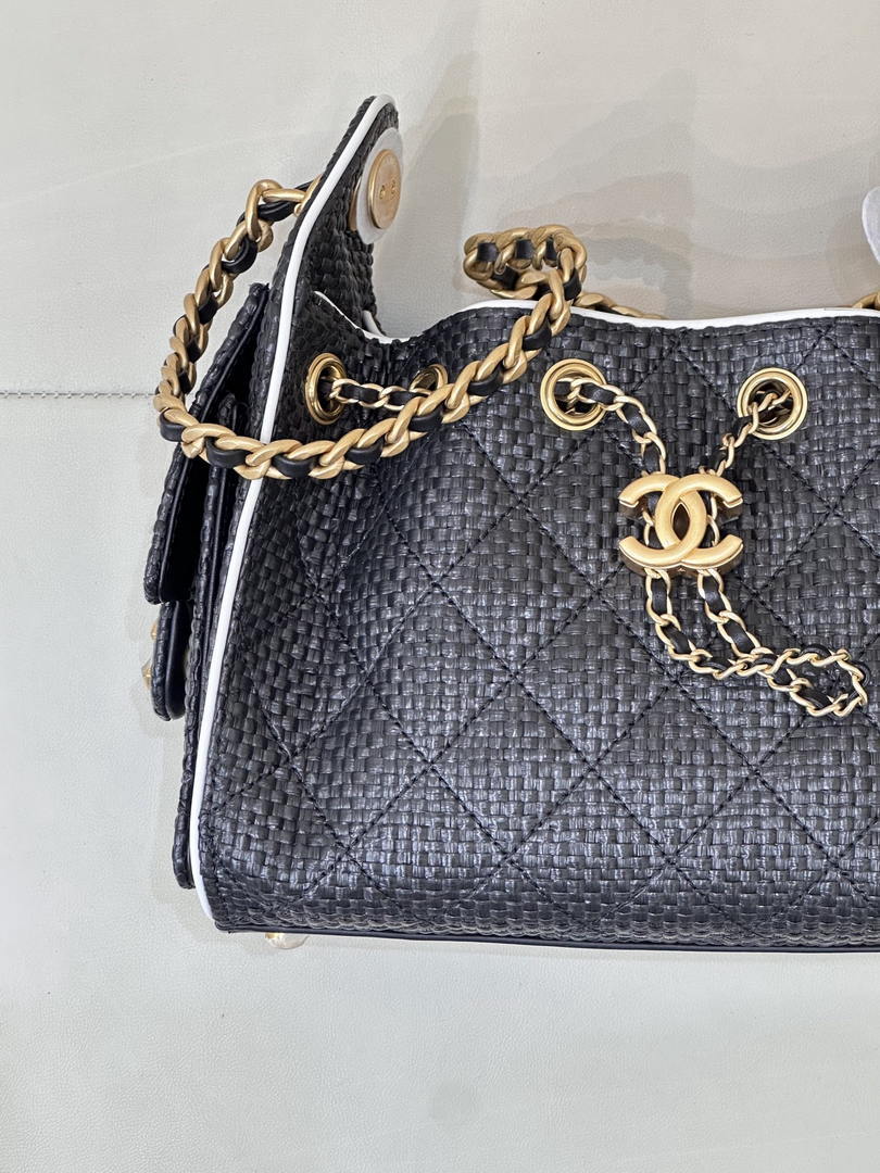 Chanel AS5631 Mini Hobo Handbags Braided Raffia Calfskin & Gold-Tone Black - Default Title - View 5