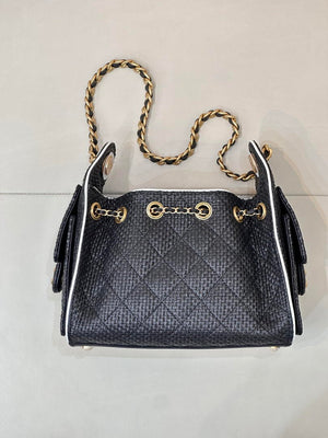Chanel AS5631 Mini Hobo Handbags Braided Raffia Calfskin & Gold-Tone Black - Default Title - View 7