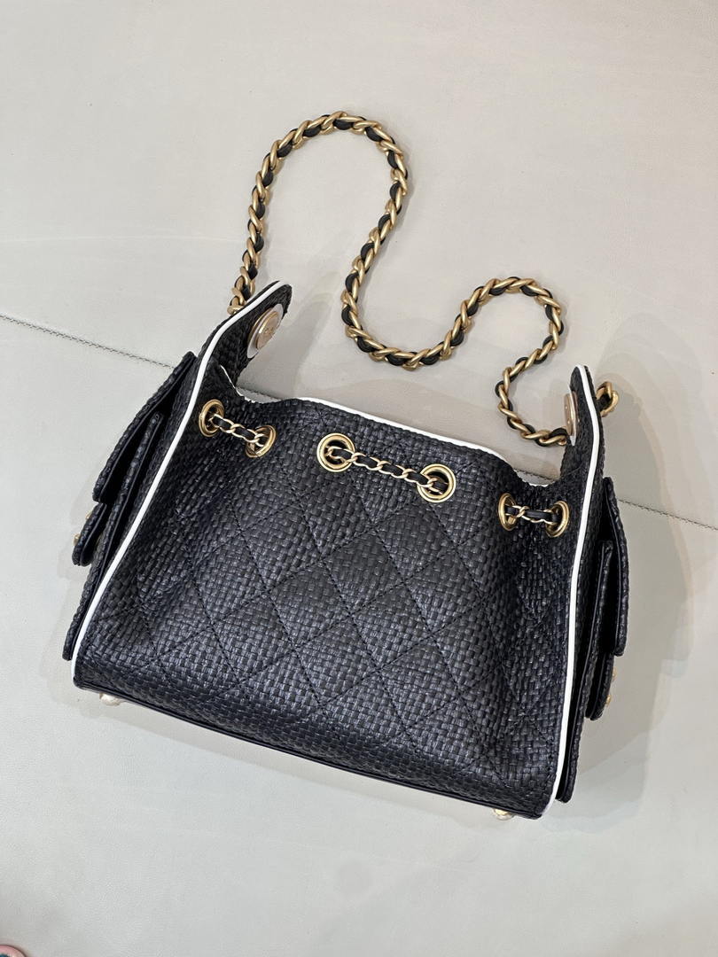Chanel AS5631 Mini Hobo Handbags Braided Raffia Calfskin & Gold-Tone Black