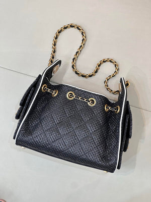 Chanel AS5631 Mini Hobo Handbags Braided Raffia Calfskin & Gold-Tone Black - Default Title - View 8