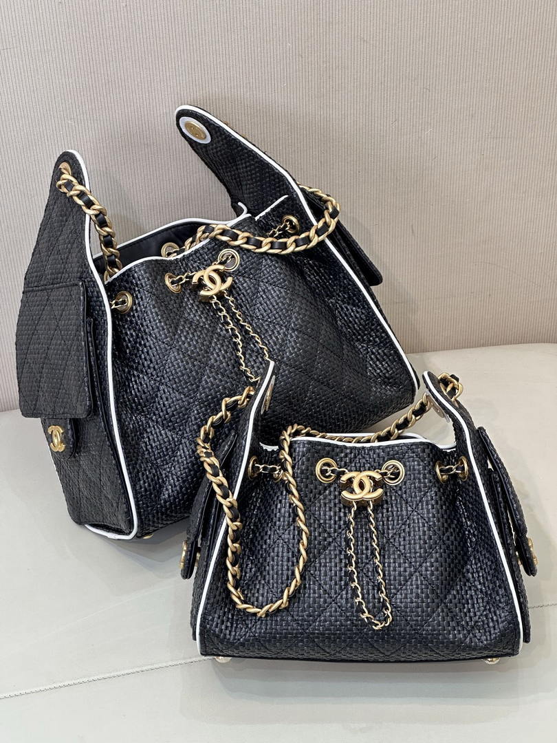 Chanel AS5631 Mini Hobo Handbags Braided Raffia Calfskin & Gold-Tone Black - Default Title - View 10