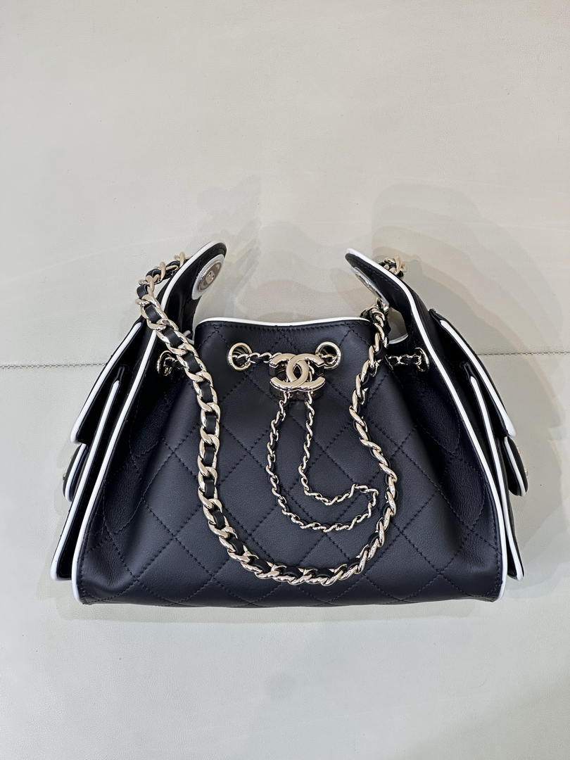 Chanel AS5631 Mini Hobo Handbags Lambskin & Gold-Tone Metal Black & White