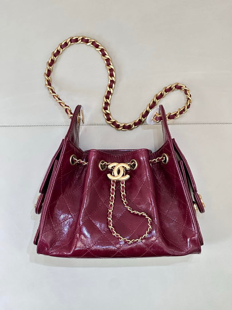 Chanel AS5631 Mini Hobo Lambskin & Gold-Tone Metal Wine Red