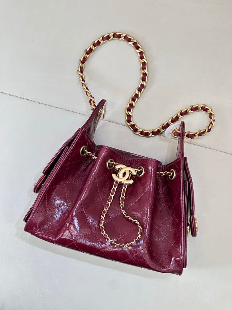 Chanel AS5631 Mini Hobo Lambskin & Gold-Tone Metal Wine Red