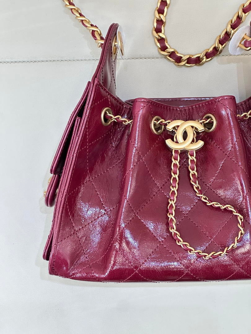Chanel AS5631 Mini Hobo Lambskin & Gold-Tone Metal Wine Red