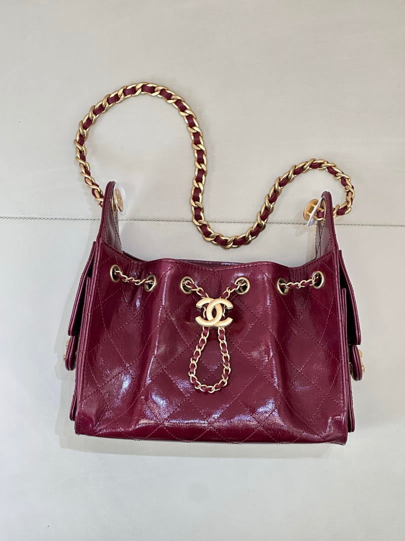 Chanel AS5631 Mini Hobo Lambskin & Gold-Tone Metal Wine Red
