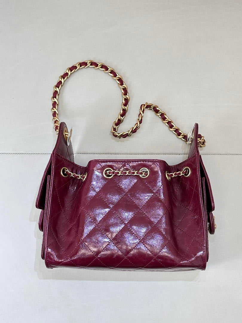 Chanel AS5631 Mini Hobo Lambskin & Gold-Tone Metal Wine Red