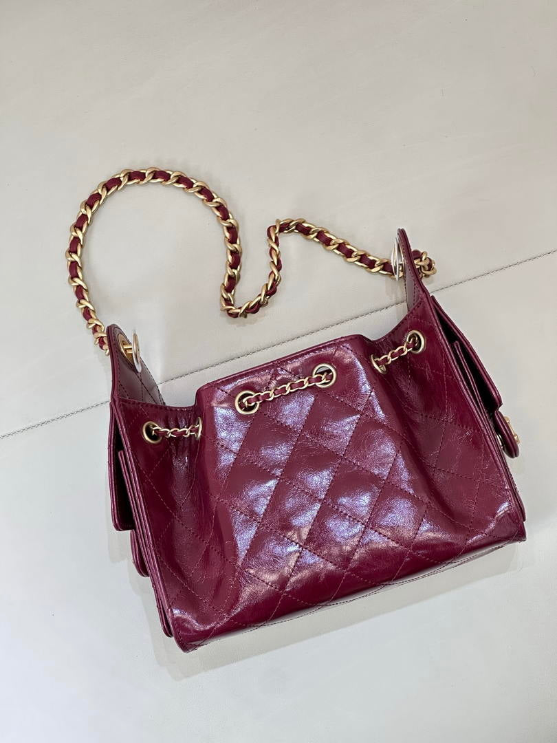 Chanel AS5631 Mini Hobo Lambskin & Gold-Tone Metal Wine Red