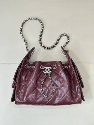 Chanel AS5631 Mini Hobo Shiny Crumpled Calfskin & Silver-Tone Metal  Dark Burgundy - Default Title - View 1
