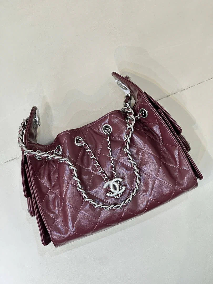 Chanel AS5631 Mini Hobo Shiny Crumpled Calfskin & Silver-Tone Metal  Dark Burgundy - Default Title - View 3