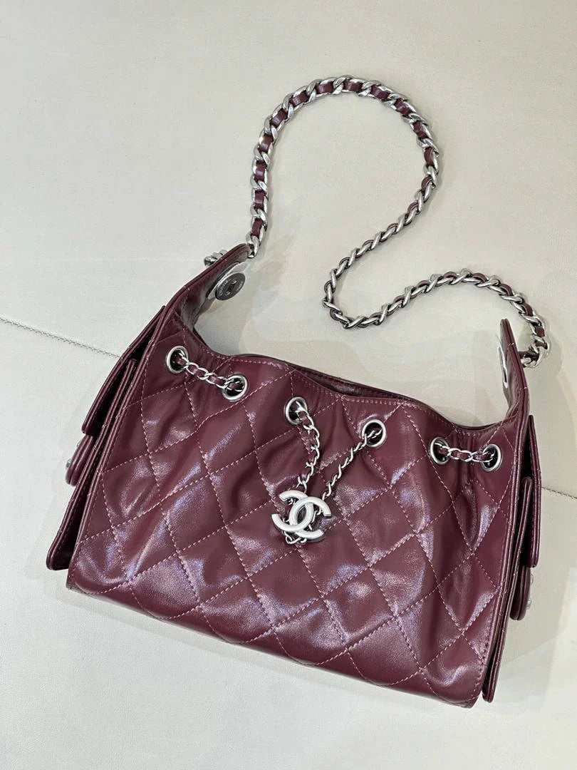 Chanel AS5631 Mini Hobo Shiny Crumpled Calfskin & Silver-Tone Metal  Dark Burgundy - Default Title - View 5
