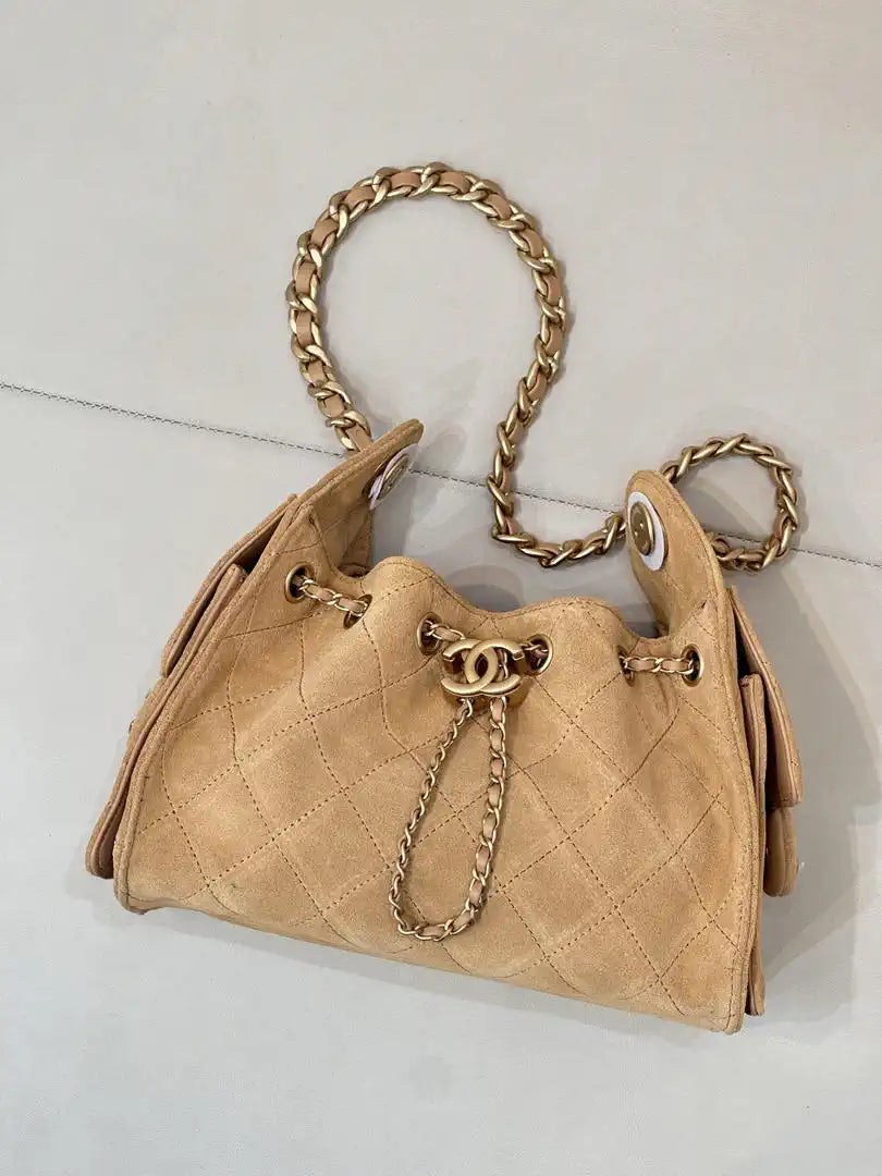 Chanel AS5631 Mini Hobo Suede & Gold-Tone Metal Apricot