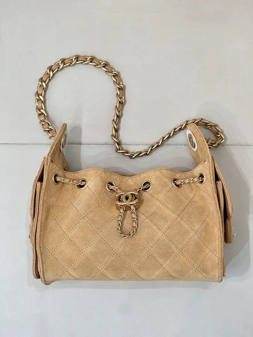Chanel AS5631 Mini Hobo Suede & Gold-Tone Metal Apricot