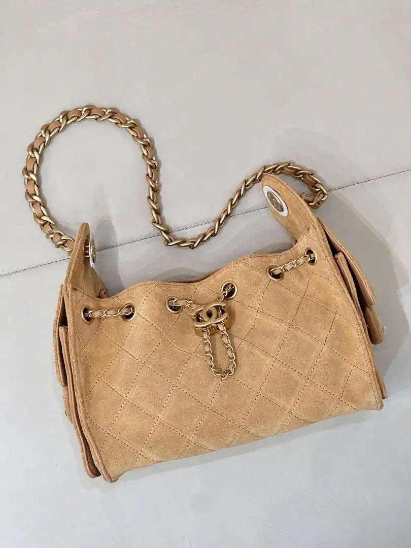 Chanel AS5631 Mini Hobo Suede & Gold-Tone Metal Apricot